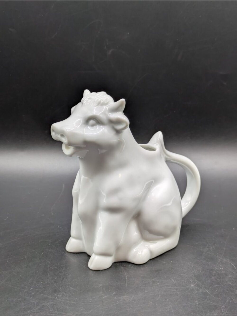 Vintage White Porcelain Horned Sitting Farm Cow Creamer Studio Nova 5" Tall